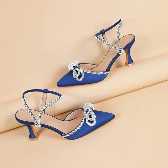Women's Rhinstone Dark Blue Adjustable Strap Bow Closed Toe Pumps Heeled Shoes